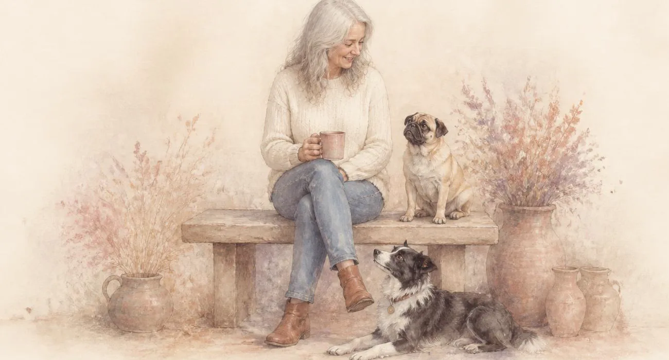 An illustration of Judit, a smiling woman with long grey hair in a cream jumper and jeans, sitting on a garden bench with a cup of tea. Penny, a fawn pug, sits beside her on the bench, and Dizzie, a black-and-white Border Collie, lies at her feet looking up at her.
